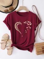 Casual Crew Neck Short Sleeve T-Shirt, Women'S Polyester Basic Round Neck Pullover, Heart Butterfly Pattern, With Slight Stretch, Regular Length And H Fit - Image 6