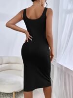 Women'S Sexy Ribbed Thigh-High Slit Vest Dress - Stretchy Solid Black Bodycon Machine-Washable Dress For All-Season Wear, Tight Fitted Dress, Evening Wear, Party Attire - Image 3