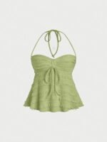 Nianian Select Y2K Off-Shoulder Halter Neck Tank Top - Solid Color Ruffled Bow Detail, Machine Washable Lightweight All-Season Women'S Sexy Backless Top - Image 3