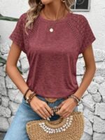 Women'S Elegant Black Short Sleeve T-Shirt With Lace Detail - Polyester, Crew Neck, Medium Stretch, Spring/Summer/Fall Fashion, Knit Fabric, 170 G/M?, Casual Wear|Lace Trim Top|Stretchy Fabric - Image 7