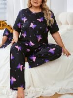 Women'S Plus Cute Pajama Set, Plus Size Star & Butterfly Print Short Sleeve Crew Neck T-Shirt & Pants Pajama 2 Piece Set - Image 3
