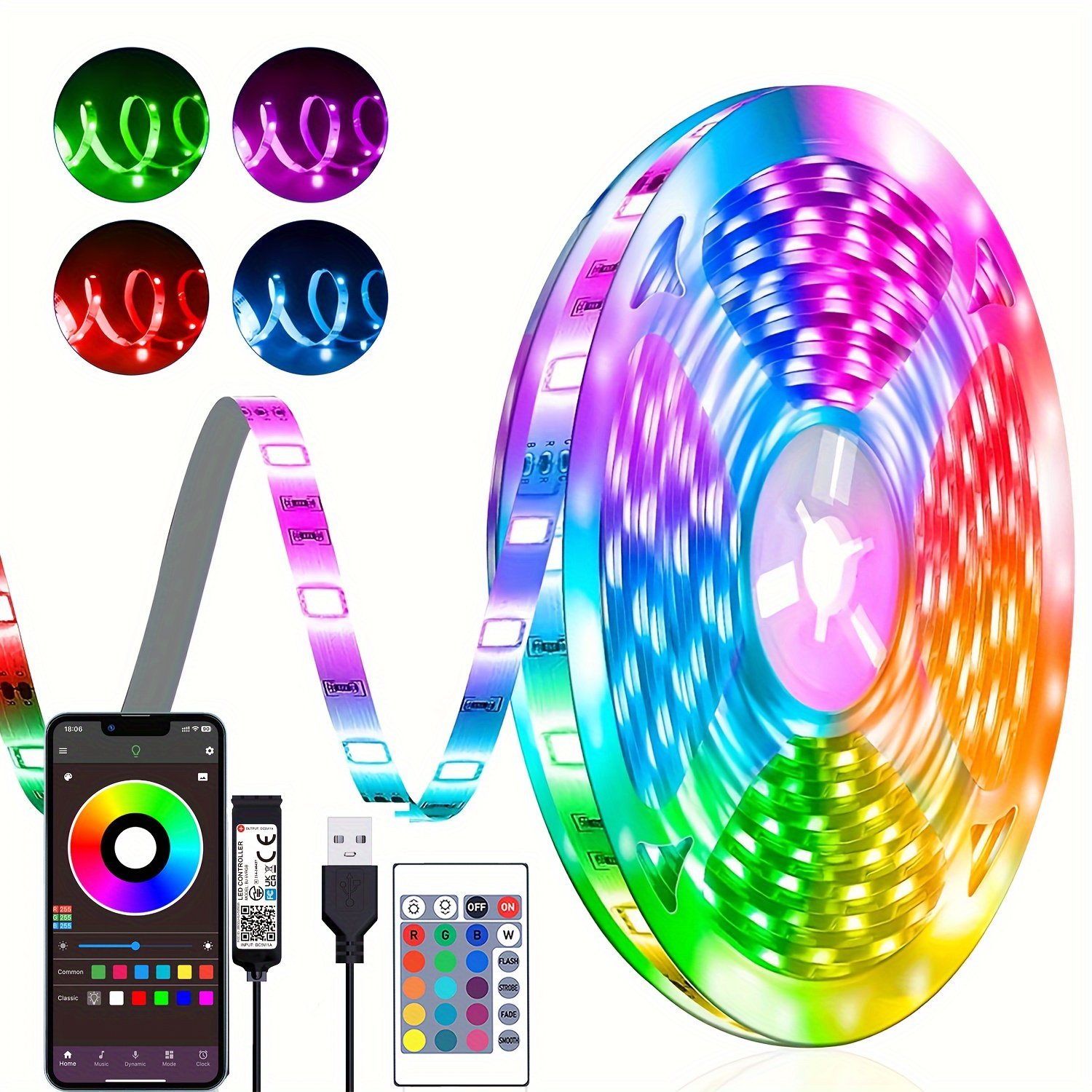 product-fancy-67573fbb-5195-4d15-b159-95aeefa474a6.jpg 91.44Cm-30.48Meter Rgb Led Strip Lights With Remote & App Control, Adjustable Brightness, Diy Mode, Usb Powered, Abs Material, Non-Rechargeable Button Battery, For Bedroom, Living Room, Tv Mirror Backlight Decoration, Led Lights For Bedroom - Image 1