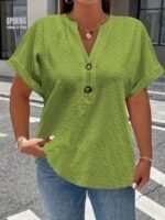 Women'S Light Green V-Neck Blouse With Button Details - Casual Short Sleeve Top For Spring/Summer, Soft Polyester Fabric, Elegant Solid Color Design, Versatile Blouse | Vneck Blouse | Elastane Comfort Fit - Image 6
