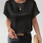 Women'S Elegant Satin Top, 100% Polyester Crew Neck Short Sleeve Solid Color Blouse, Regular Fit Casual Loose Tops For Spring/Summer, Woven Lightweight Fabric 120G/M? - All Seasons