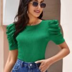 Solid Crew Neck T-Shirt, Elegant Puff Sleeve Top For Spring & Summer, Women'S Clothing