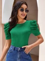 Solid Crew Neck T-Shirt, Elegant Puff Sleeve Top For Spring & Summer, Women'S Clothing