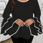 Plus Size Contrast Trim Crew Neck Blouse, Elegant Layered Ruffle Sleeve Top For Spring & Fall, Women'S Plus Size Clothing