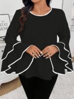 Plus Size Contrast Trim Crew Neck Blouse, Elegant Layered Ruffle Sleeve Top For Spring & Fall, Women'S Plus Size Clothing