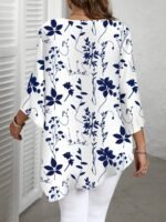 Plus Size Women'S Casual Elegant Floral Print Round Neck Blouse - Navy Blue & White Summer Top, Machine Washable Non-See-Through Fabric, Relaxed Fit For Casual Attire, Comfortable Daily Apparel | Nontransparent Material, Floral Print Blouse - Image 7