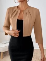 Women'S Stylish White Blazer With Ruffle Detail - Casual Three-Quarter Sleeve, Buttonless Placket, Spring/Fall Fashion, Casual Attire|Ruffle Blazer|Elastic Fabric - Image 7