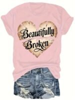 Women'S "Beautifully Broken" Heart Print Casual T-Shirt - Vibrant Orange Short Sleeve Round Neck Summer Top, Machine Washable & Affordable, Ladies T Shirts, Everyday Fashion, Relaxed Fit Tee, Allseason Wear - Image 9