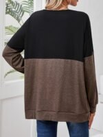 Plus Size, Women'S Casual Long Sleeve T-Shirt - Color-Blocked V-Neck Cross-Strap Design, Black & Olive Green, Machine Washable, Spring Summer Fall Essential, Everyday Outfit, Stylish Pullover, Comfortable Fit, Pullover Top, Casual Attire - Image 7