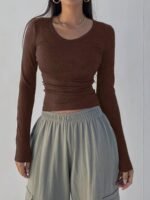 Solid Color Crew Neck T-Shirt, Casual Long Sleeve T-Shirt For Spring & Fall, Women'S Clothing - Image 5