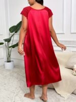 Women'S Plus Size Elegant Red Satin Nightgown With Lace Trim And Bow Detail - V-Neck, Short Sleeve, Flowing Design, Machine Washable - Perfect For Weddings Or Special Occasions, Satin Dress - Image 4