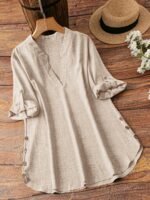Plus Size Women'S New Shirt In Minimalist Style With V-Neck And Long Sleeves, Faux Button Design - Image 9