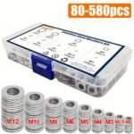 80/180/360/580Pcs Stainless Steel Flat Washer Assortment Kit - Heavy-Duty Metal Construction, M2 To M12 Sizes, Ideal For Home Decor, Factory Repair, Kitchen, Store, And Outdoor Construction, Kitchen Improvement, Durable Construction