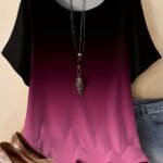 Plus Size, Oriented Plus Size Minimalist Two-Tone Print T-Shirt Spring/Summer Casual Round Neck Short Sleeve Top For Women, No Accessories Included