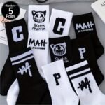 5-Pack Unisex Mid-Calf Socks - Breathable Moisture-Wicking All-Season Athletic Socks With Cartoon Letter Print (C/M/P/Phantom/Sketch) - Black & White Couples Socks For Daily Wear & Sports - Machine Washable, Fluffy Socks, Breathable Fabric