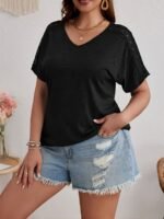 Women'S Plus Size 2024 Summer Fashion V-Neck T-Shirt - Pink With Lace Detail, Short Sleeve, Lightweight & Stretchy Fabric, Casual Wear, Casual Wear Tee | Lace Trim Top | Comfortable Fit, Plus Size Shirts - Image 2