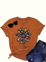 Women'S Casual Short Sleeve T-Shirt - Vibrant Orange Geometric Floral Print, Relaxed Fit Round Neck, Machine Washable Summer Top, Soft Texture Shirt - Image 2