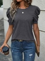 Elegant Gray Crew Neck Short Sleeve Top For Women - Soft Polyester Blend, Casual & Comfortable Fit, Perfect For Casual Attire, Casual Casual Attire|Elegant Crew Neck|Smooth Texture Fabric