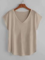 Women'S Plus Size Beige Batwing Sleeve V-Neck T-Shirt - Loose Fit, Elegant Pullover With Slight Stretch Fabric, All-Season Top, Comfortable Clothing | Minimalist Style | Glossy Finish, Plus Size Shirts