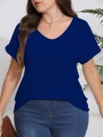 Plus Size, Plus Size Women'S Elegant V-Neck T-Shirt - Soft Semi-Sheer Fabric, Vibrant Red, Machine Washable, Spring Summer Fall Casual Top, Ladies T Shirts, Seasonal Fashion, Sophisticated Casual, Comfortable Fit - Image 2