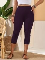 Plus Size Women'S High-Waisted Stretchy Capri Pants - Solid Color Slim Fit With Lace Trim Hem, Elastic Waistband For Yoga, Workouts & Casual Wear - Machine Washable All-Season Versatile, Workout Trousers | Floral Trim Pants | Opaque Fabric, Workout Leggings - Image 10