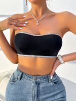 1Pc Women'S Sexy Strapless Backless Bra With Silver Rhinestone Detail, Solid Color, Knit Fabric, Polyamide Material, Adult No Padding Wireless Chest Pad - Image 3