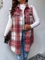 Plus Size Plaid Pattern Button Front Vest, Casual Sleeveless Flap Detail Gilet Jacket For Fall & Spring, Women'S Plus Size Clothing - Image 4
