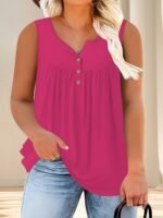Plus Size Solid Ruched Tank Top, Casual Sleeveless Button Front Notched Neck Top For Summer & Spring, Women'S Plus Size Clothing - Image 5