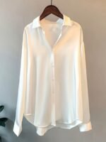 Elegant Long Sleeve Button-Up Blouse For Women - Chic Acetate Top With Lapel Collar, Solid Color, Perfect For Office Or Casual Wear, All-Season Comfort, Stylish Blouse | Classic Long Sleeve | Smooth Texture - Image 3
