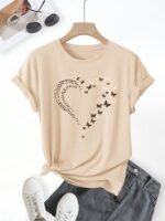 Casual Crew Neck Short Sleeve T-Shirt, Women'S Polyester Basic Round Neck Pullover, Heart Butterfly Pattern, With Slight Stretch, Regular Length And H Fit - Image 3