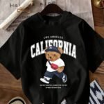 Women'S Black Skateboarding Bear & Los Angeles California Graphic T-Shirt - Soft Stretch Crew Neck Casual Top For Spring Summer Fall, Machine Washable Streetwear-Inspired Tee, Spring Summer Apparel, Medium Elasticity Fabric
