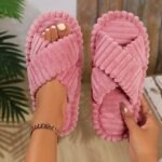 Fuzzy Crisscross Band Home Slippers, Cozy & Warm Open Toe Soft Plush Shoes, Solid Color Indoor Floor Slippers - Image 5