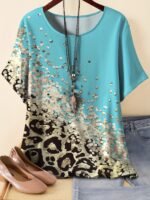 Plus Size - Plus Size Women'S Leopard Print T-Shirt - Casual & Comfortable Round Neck Short Sleeve Top, Vibrant Orange With Black & White Leopard Pattern, Lightweight Summer Tee, No Accessories Included, Leopard Print Tee, Comfortable Fashion - Image 2