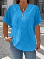 Plus Size, Women'S Plus Size New European And American Spring/Summer Short Sleeve Button Solid Color Elegant Casual T-Shirt - Image 2