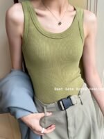 1Pc Women'S Casual Ribbed Tank Top, Solid Color Knit Vest With Side Stripe Detail, Low Neck Polyester Camisole For All Seasons, Versatile Layering Piece - Image 5