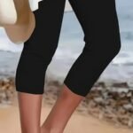 Plus Size High-Waisted Stretchy Mid-Length Capri Pants - Slim-Fit Solid Color Elegant Casual Beachwear For Spring Summer Fall, Machine Washable, Versatile Bottoms, Sleek Silhouette, Easy Care, Fitted Bottoms, Fashion Lovers