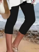 Plus Size High-Waisted Stretchy Mid-Length Capri Pants - Slim-Fit Solid Color Elegant Casual Beachwear For Spring Summer Fall, Machine Washable, Versatile Bottoms, Sleek Silhouette, Easy Care, Fitted Bottoms, Fashion Lovers