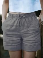 Women'S High-Waisted Blend Casual Shorts, Solid Color, Non-Stretch Fabric, Spring Summer Autumn, Wide Waistband And Slant Pocket, Linen Texture - Image 5