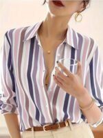 Women'S Casual Striped Print Button- Shirt, Polyester 100% Woven Fabric, Lapel Collar, Long Sleeve, Spring/Summer/Fall Apparel, 110G/M? Weight - Image 4