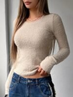 Women'S Cozy Crew Neck Sweater - Soft Long Sleeve Pullover, Solid White, Casual Spring/Fall Top With Button Detail, Perfect For Casual Attire, Sweater Shrug - Image 3
