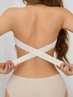 Wireless Bandeau Bralette With Side Closure, Sexy Strapless Nylon Knit Fabric - Removable Padding, Cross Strap Detail, Solid Color Stretch Bandeau For Adults - Nylon 75%, Elastane 25% - Image 10