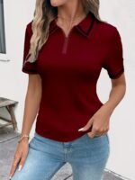 Women'S Elegant Black Shirt With White Collar & Cuff Detail - Short Sleeve, Zippered, Stretchy Polyester-Spandex Blend, Machine Washable, Perfect For Casual Or Professional Outfits - Image 9