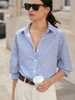 Print Striped Longline Shirt With Drop Shoulders - Polyester, Machine Washable, Button Detail, Perfect For Spring/Summer/Fall