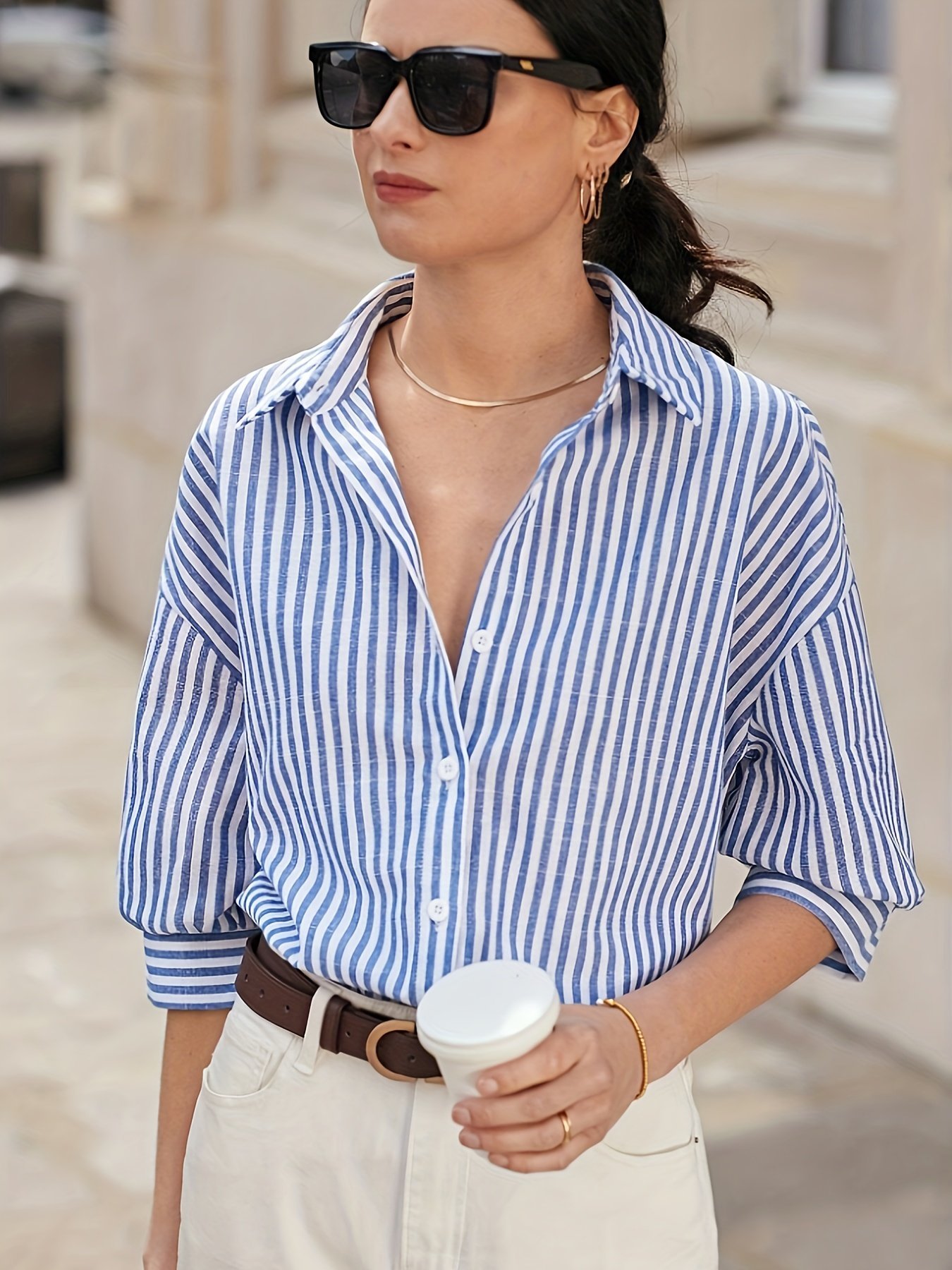 product-fancy-6ef7dc27-a732-4c1b-991d-e1f3915cd0d4.jpg Print Striped Longline Shirt With Drop Shoulders - Polyester, Machine Washable, Button Detail, Perfect For Spring/Summer/Fall - Image 1