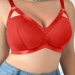 Women'S Plus Size Sexy Cut-Out V-Neck Bra - Soft Pink No Underwire Wire-Free Comfort, Breathable Polyester/Elastane Blend, Hand Wash Only Elegant Special Collection