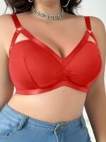 Women'S Plus Size Sexy Cut-Out V-Neck Bra - Soft Pink No Underwire Wire-Free Comfort, Breathable Polyester/Elastane Blend, Hand Wash Only Elegant Special Collection