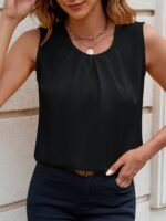 Women'S Elegant Solid Color Sleeveless Blouse - Round Neck Button Front, Machine Washable Non-Stretch Fabric, All-Season Versatile Top For Casual & Formal Wear, Buttoned Front Top, Sophisticated Design - Image 4